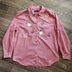 Karen Scott Vintage Christmas Gingham Plaid Button Up Shirt Size Large